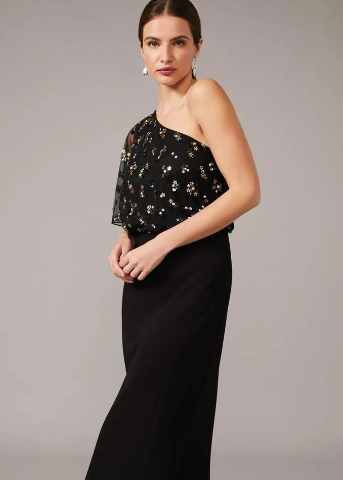 Adele Sequinned One Shoulder Dress Black Women Phase Eight Dresses