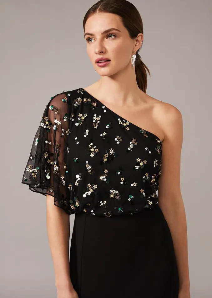 Adele Sequinned One Shoulder Dress Black Women Phase Eight Dresses
