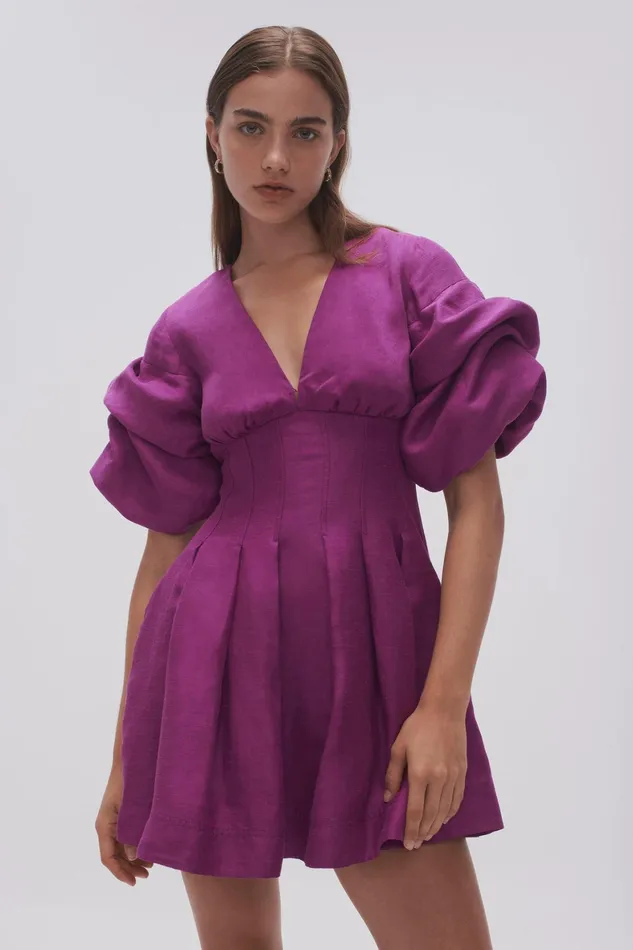Aje Adelie Puff Sleeve Mini Dress Plum Purple Women Dresses