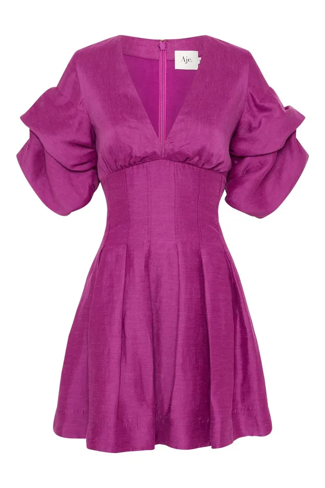 Aje Adelie Puff Sleeve Mini Dress Plum Purple Women Dresses