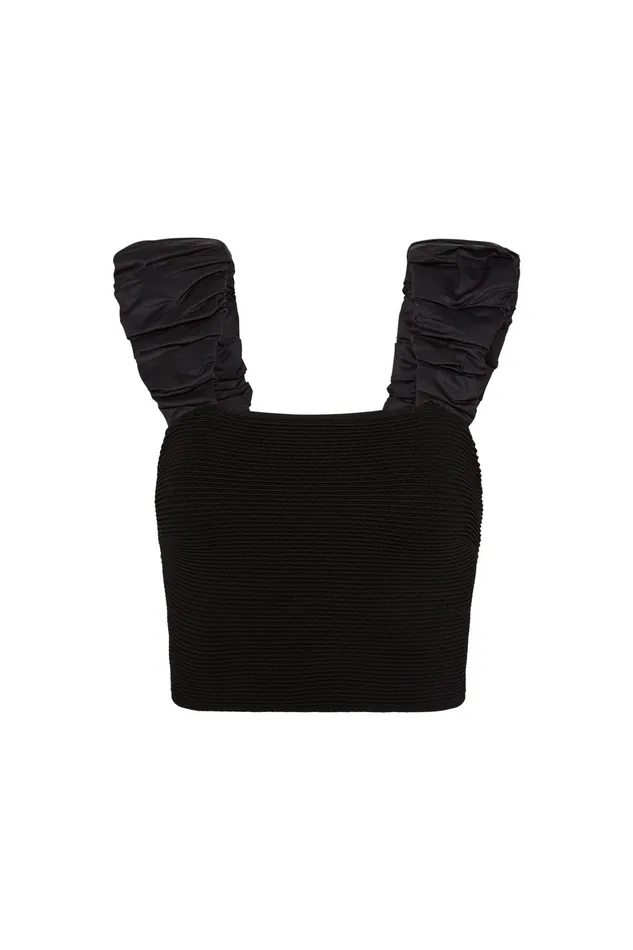 Aje Allard Ruched Strap Knit Top Black Women Tops