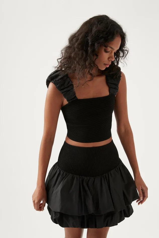 Aje Allard Ruched Strap Knit Top Black Women Tops