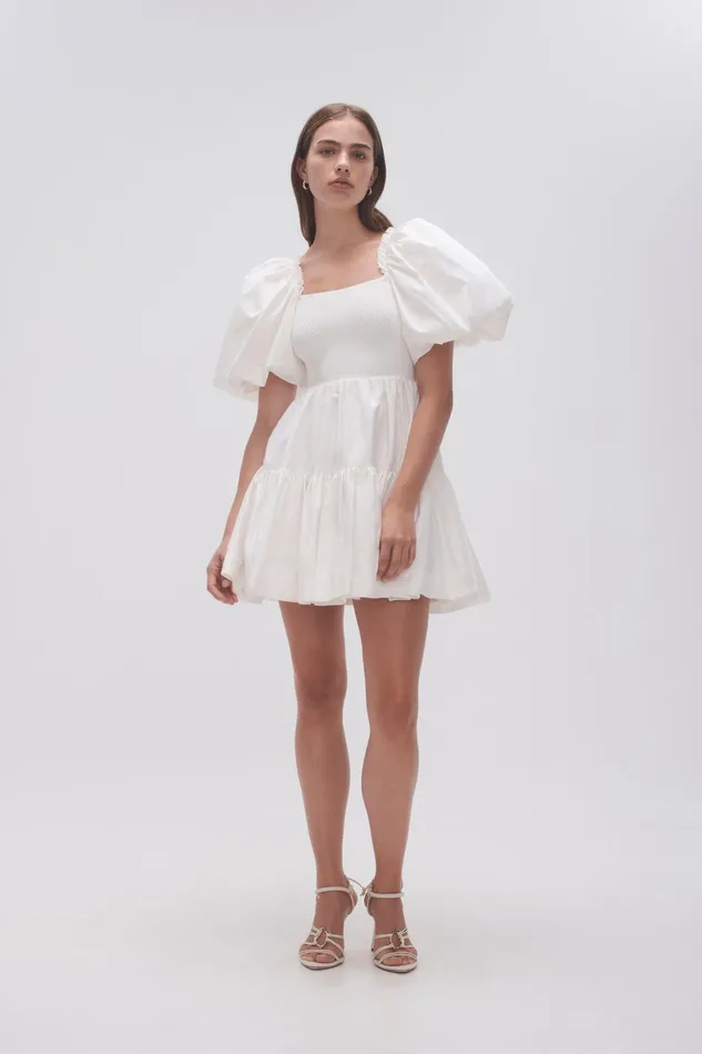 Aje Casa Puff Sleeve Mini Dress Ivory Women Dresses