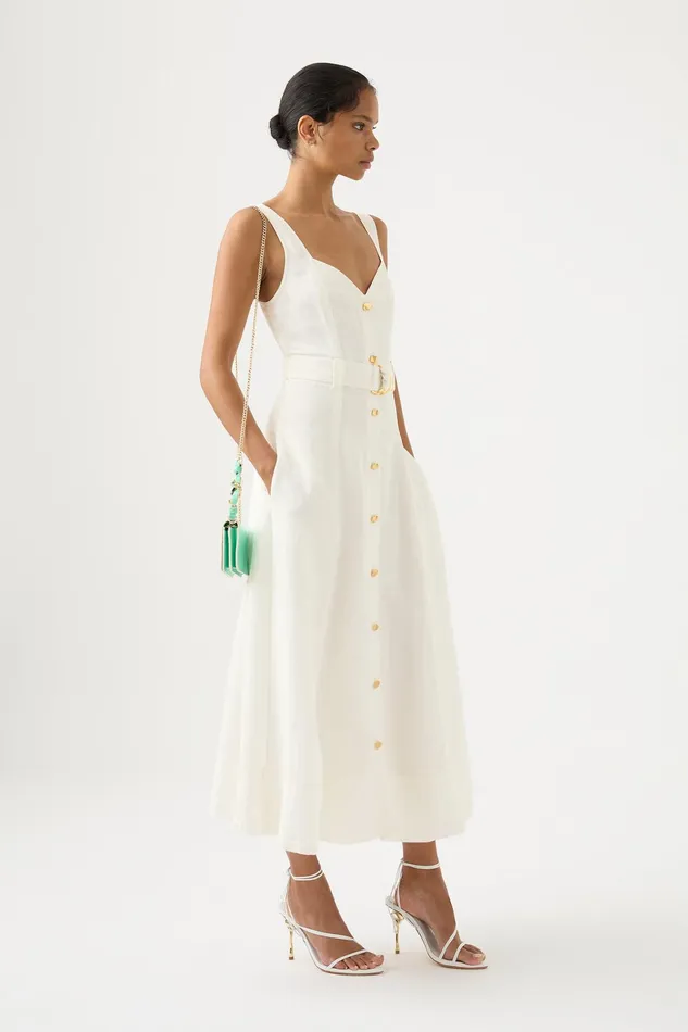 Aje Clay Belted Midi Dress Ivory Women Dresses