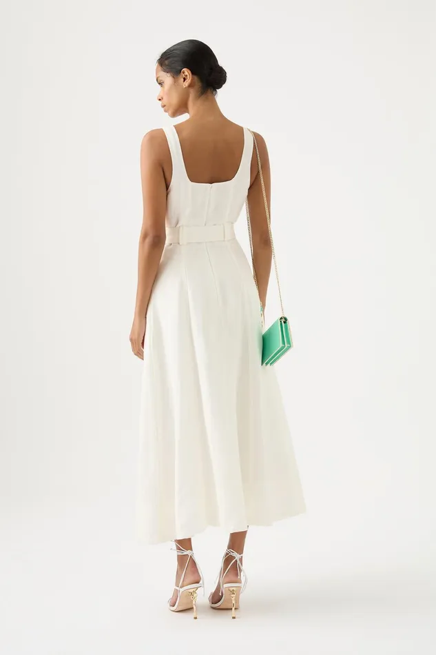 Aje Clay Belted Midi Dress Ivory Women Dresses
