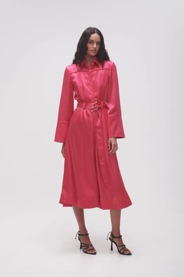 Aje Echo Belted Midi Shirt Dress Hot Pink Women Dresses