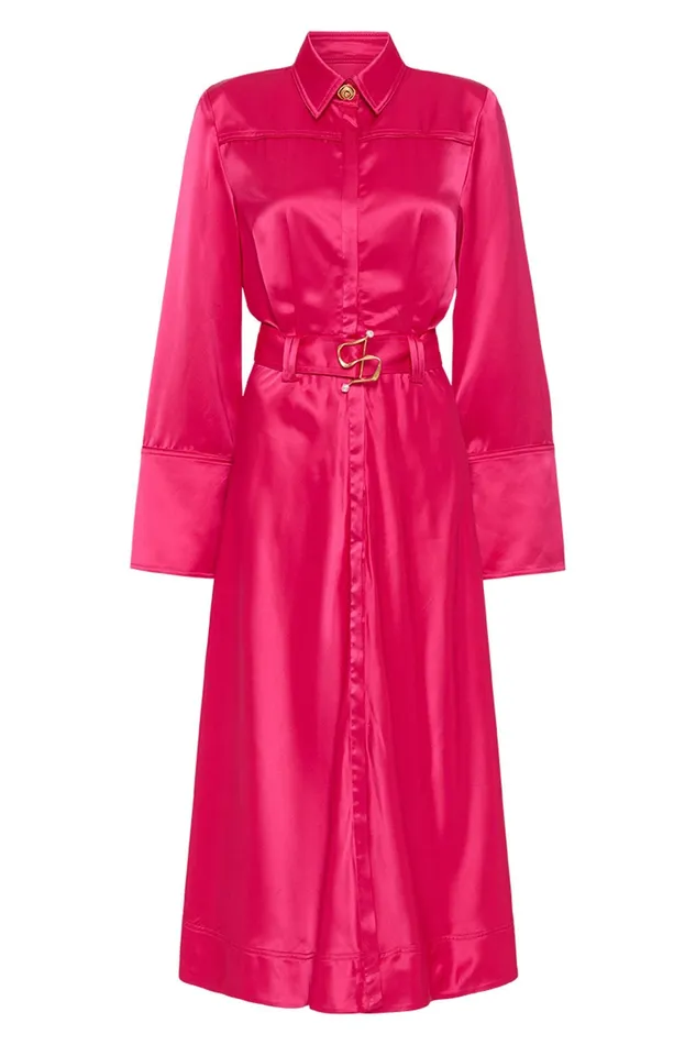 Aje Echo Belted Midi Shirt Dress Hot Pink Women Dresses