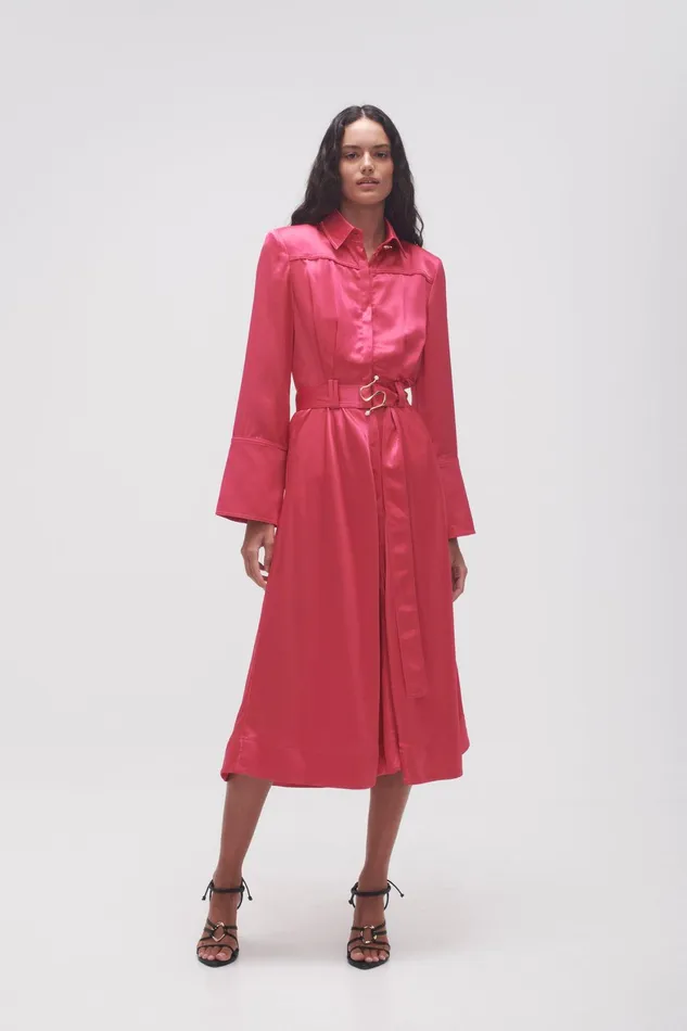 Aje Echo Belted Midi Shirt Dress Hot Pink Women Dresses