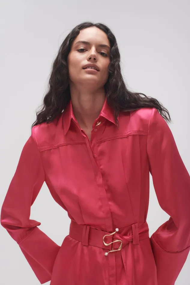 Aje Echo Belted Midi Shirt Dress Hot Pink Women Dresses