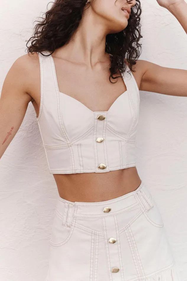 Aje Elena Denim Cropped Bustier White Women Denim