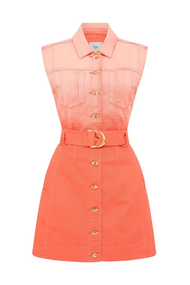 Aje Ember Ombre Denim Mini Dress Coral Sunset Women Dresses