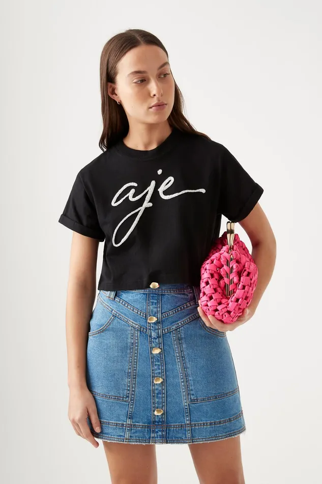 Aje Enya Embellished Cropped Tee Blackwhite Women Tees