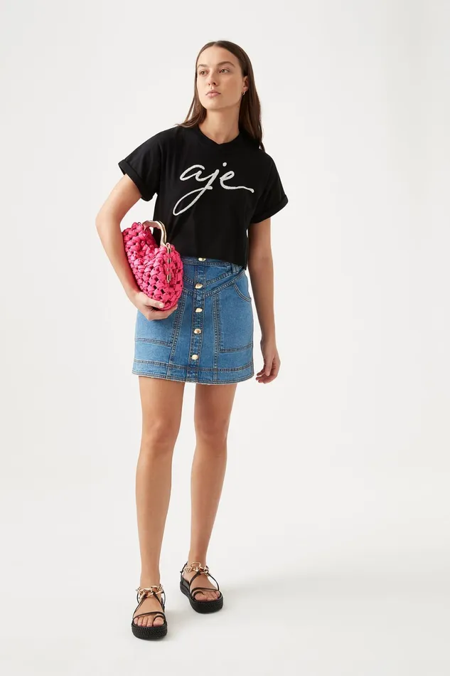 Aje Enya Embellished Cropped Tee Blackwhite Women Tees