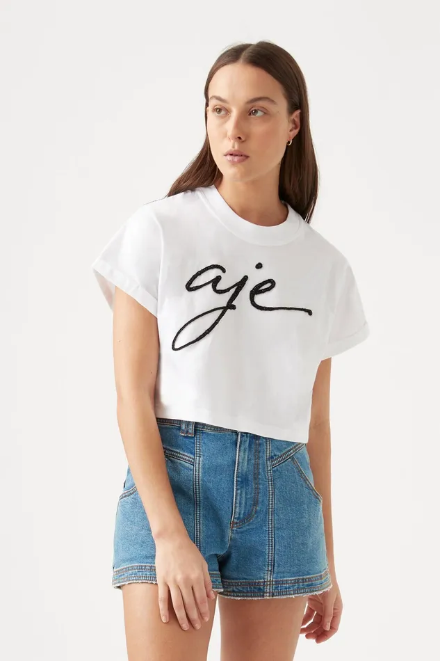 Aje Enya Embellished Cropped Tee Whiteblack Women Tees