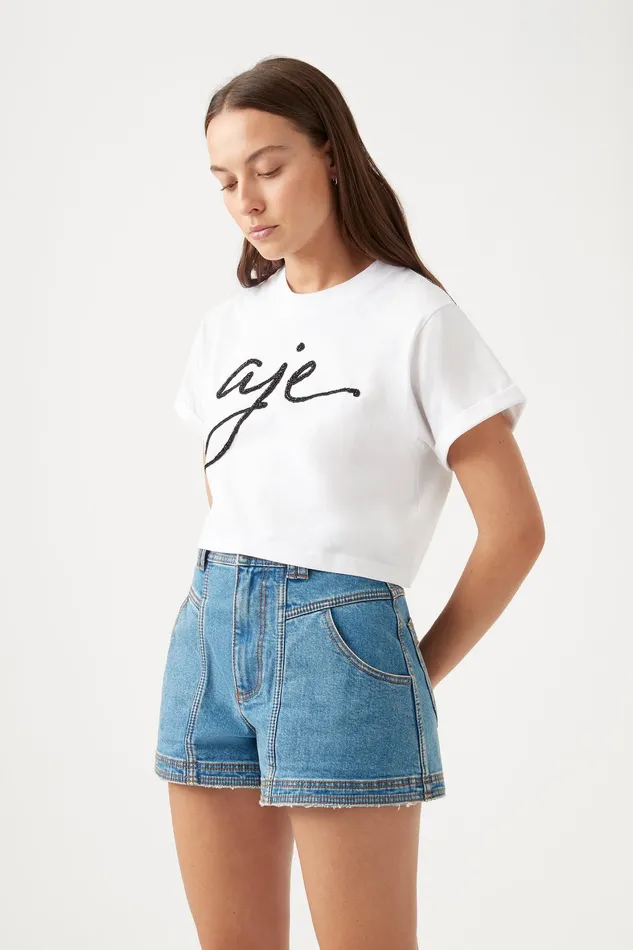 Aje Enya Embellished Cropped Tee Whiteblack Women Tees