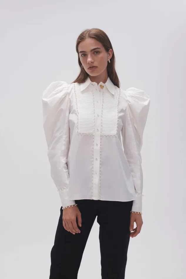 Aje Florence Pearl Trim Blouse Ivory Women Tops