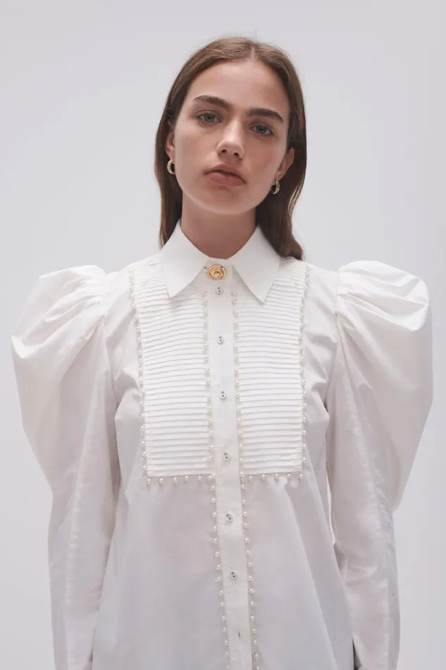 Aje Florence Pearl Trim Blouse Ivory Women Tops