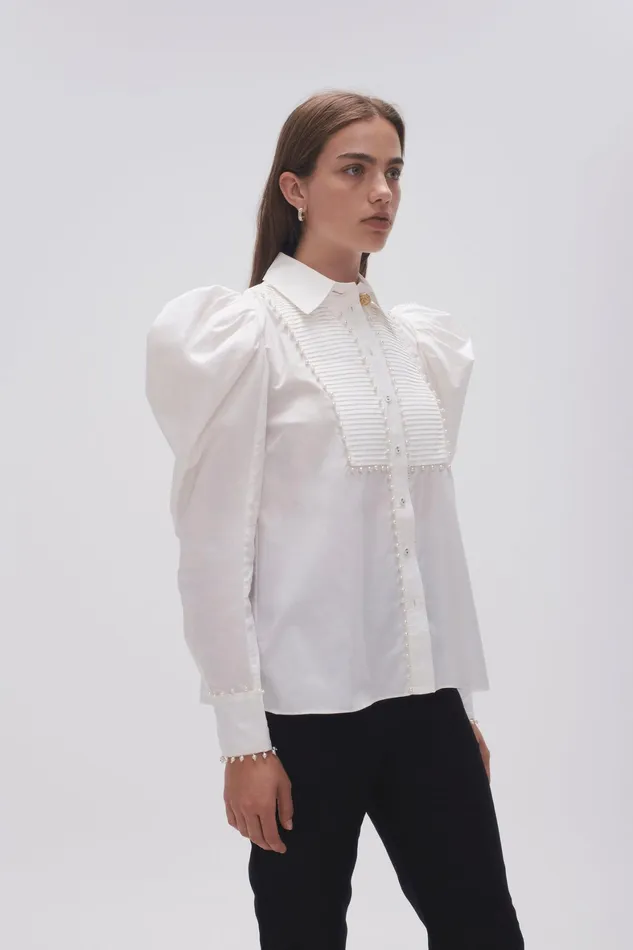 Aje Florence Pearl Trim Blouse Ivory Women Tops
