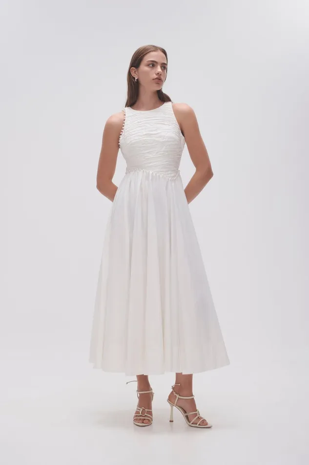 Aje Florence Pearl Trim Midi Dress Ivory Women Dresses