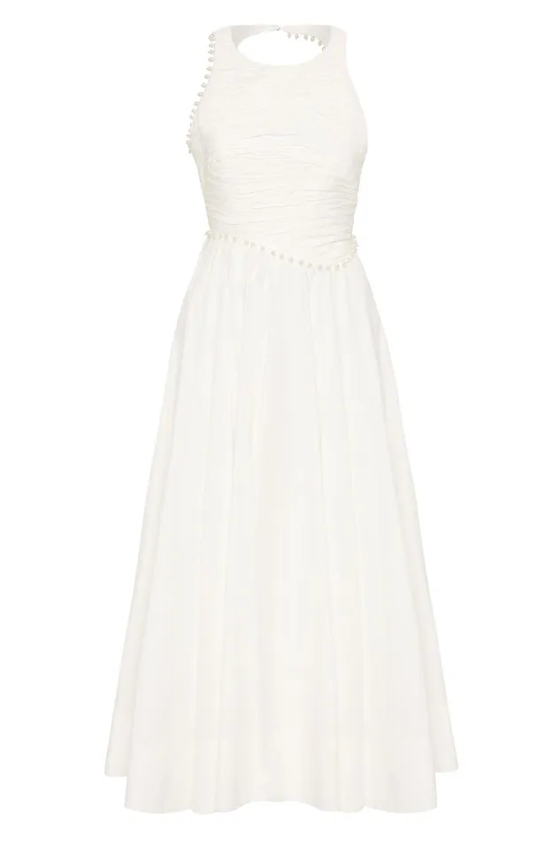Aje Florence Pearl Trim Midi Dress Ivory Women Dresses