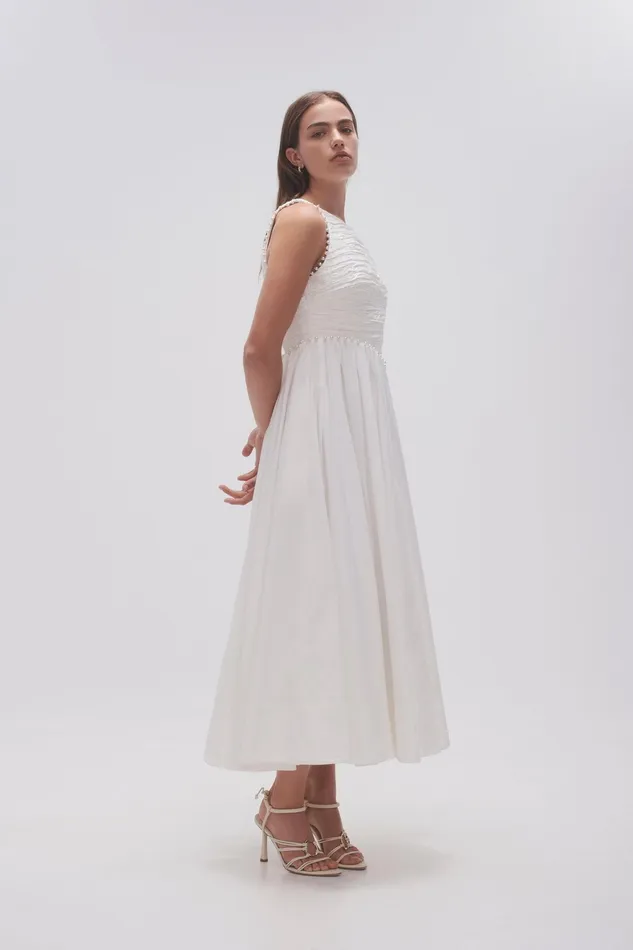 Aje Florence Pearl Trim Midi Dress Ivory Women Dresses