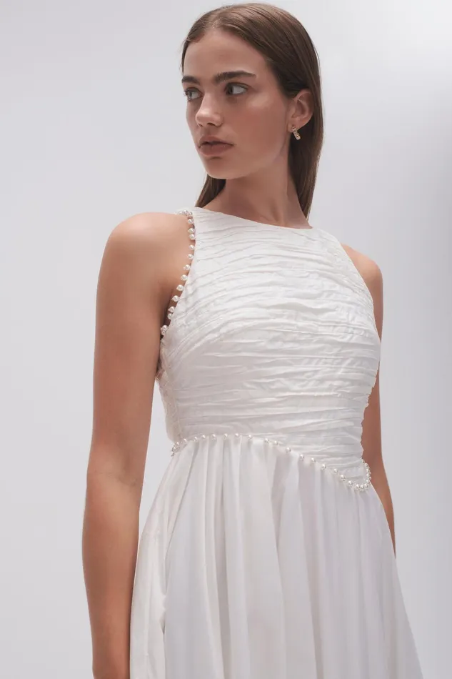 Aje Florence Pearl Trim Midi Dress Ivory Women Dresses