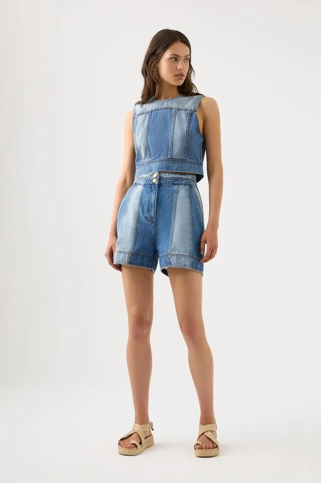 Aje Ines Panelled Denim Shorts Twin Tone Indigo Women Shorts