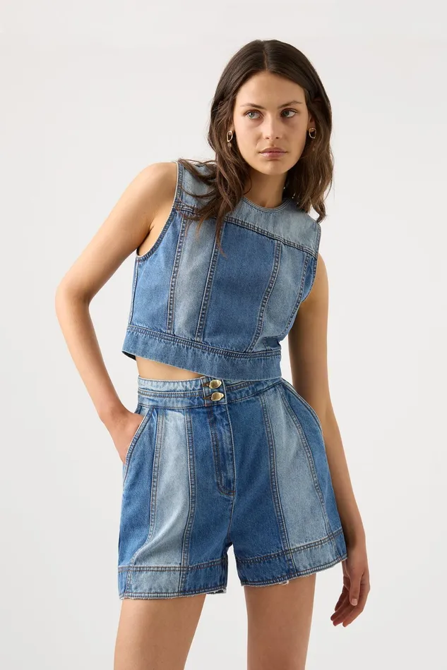 Aje Ines Panelled Denim Shorts Twin Tone Indigo Women Shorts