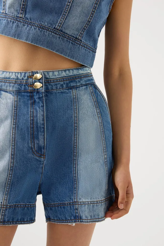 Aje Ines Panelled Denim Shorts Twin Tone Indigo Women Shorts