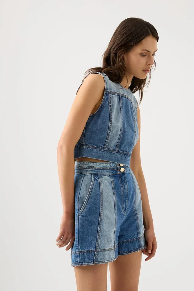 Aje Ines Panelled Denim Shorts Twin Tone Indigo Women Shorts