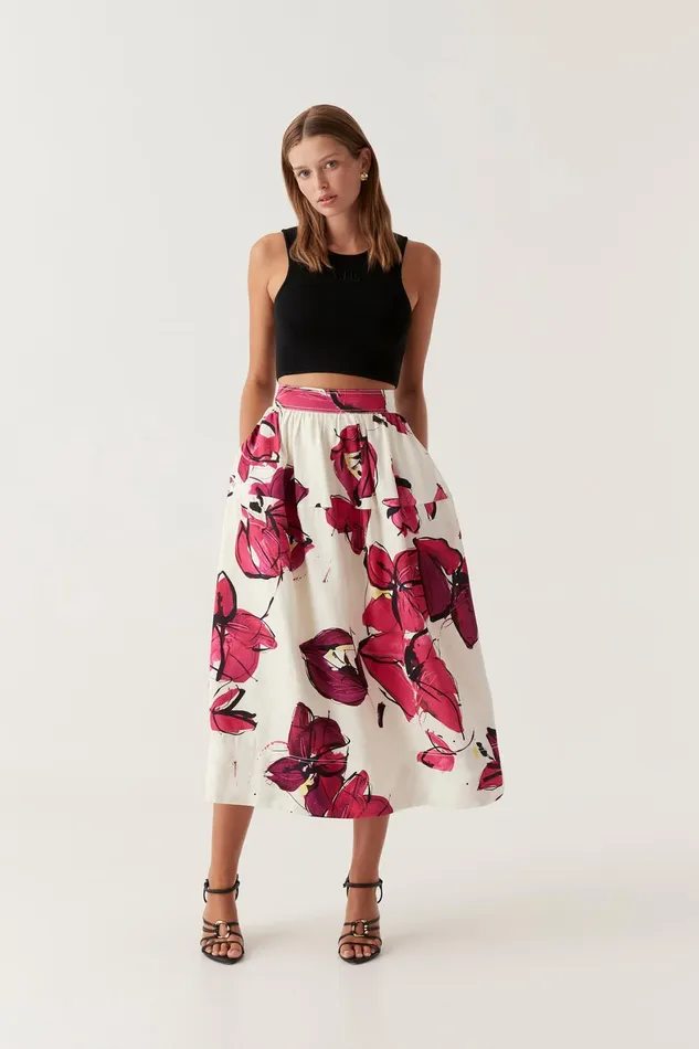 Aje Lottie Gathered Midi Skirt Falling Florals Women Skirts
