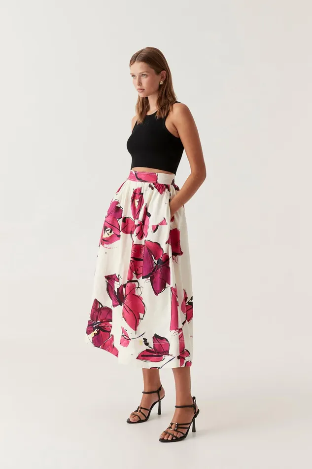 Aje Lottie Gathered Midi Skirt Falling Florals Women Skirts