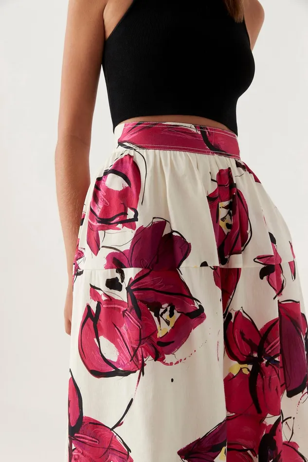 Aje Lottie Gathered Midi Skirt Falling Florals Women Skirts