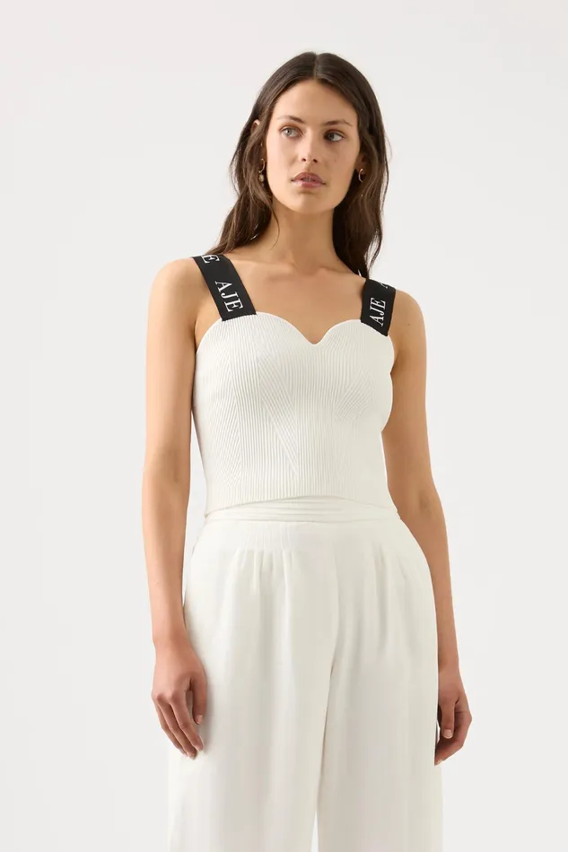 Aje Mira Logo Strap Knit Bustier Ivory Women Body and Crepe Knit