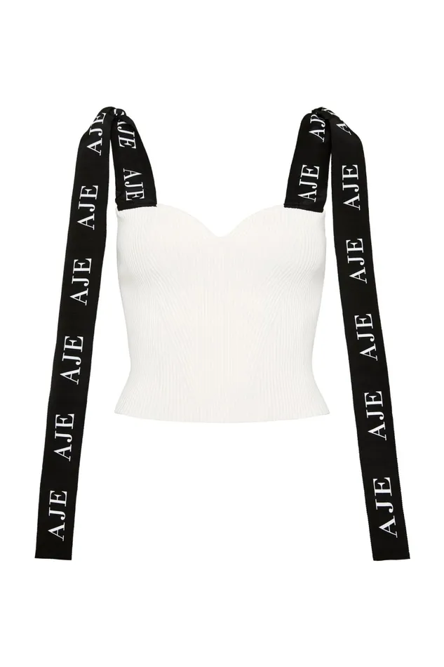 Aje Mira Logo Strap Knit Bustier Ivory Women Body and Crepe Knit