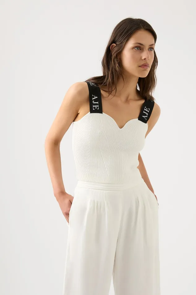 Aje Mira Logo Strap Knit Bustier Ivory Women Body and Crepe Knit