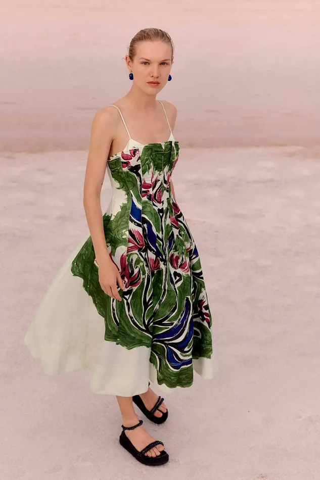 Aje Paradiso Cinched Midi Dress Native Gumnut Floral Women Dresses