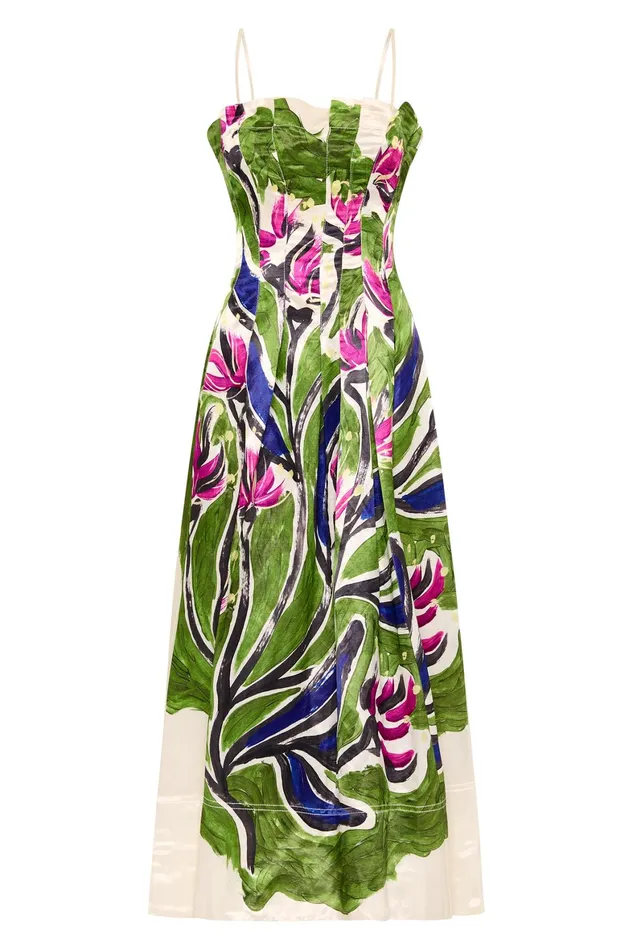 Aje Paradiso Cinched Midi Dress Native Gumnut Floral Women Dresses