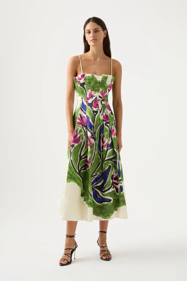 Aje Paradiso Cinched Midi Dress Native Gumnut Floral Women Dresses