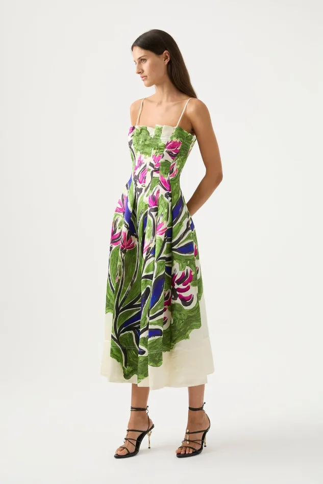 Aje Paradiso Cinched Midi Dress Native Gumnut Floral Women Dresses