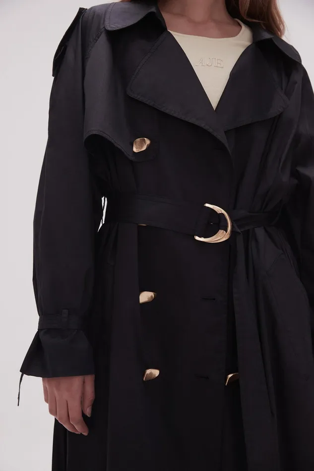 Aje Prima Pleat Trench Coat Black Women Blazers Jackets and Coats