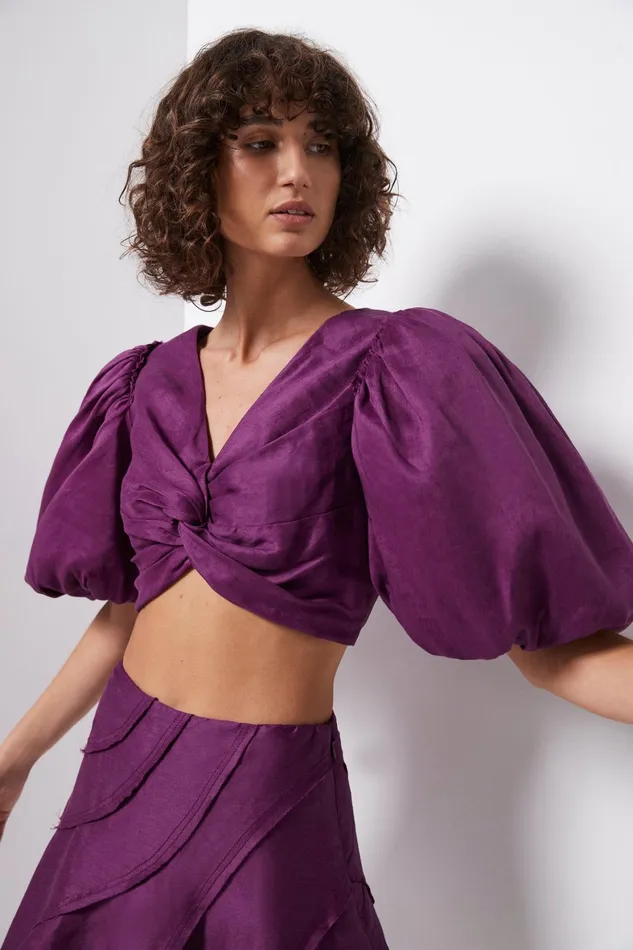 Aje Reverb Puff Sleeve Cropped Top Violet Women Tops