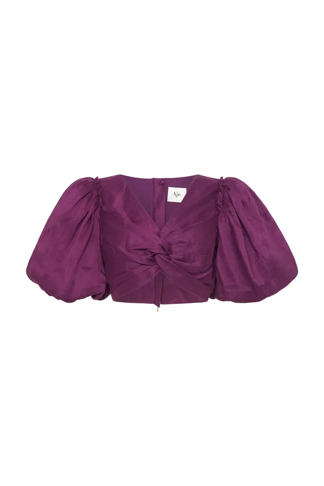 Aje Reverb Puff Sleeve Cropped Top Violet Women Tops