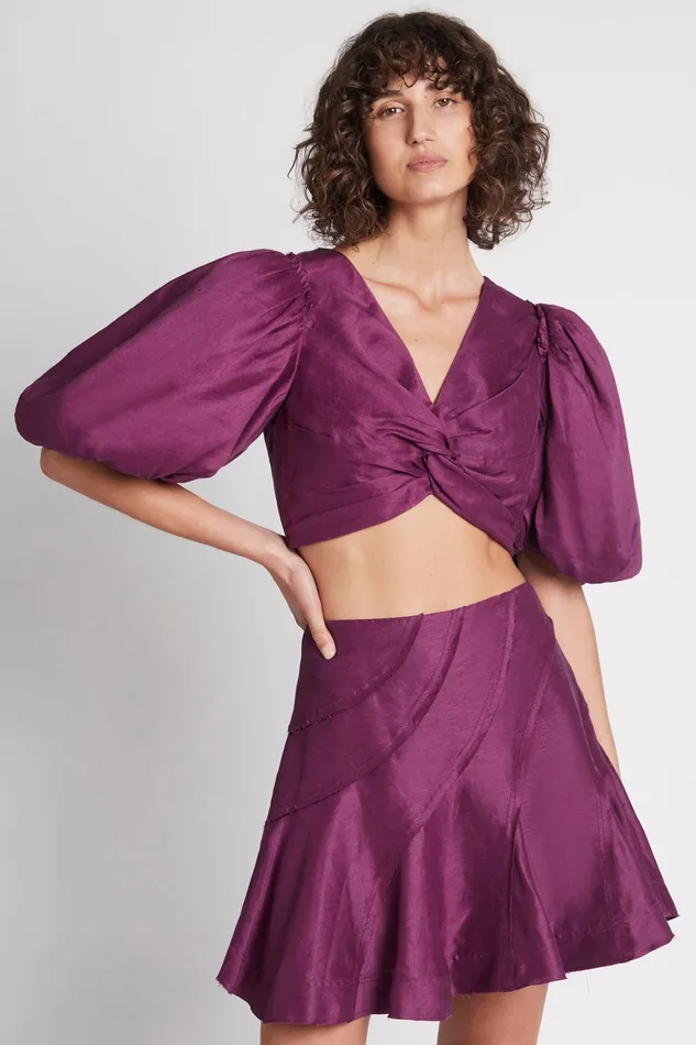 Aje Reverb Puff Sleeve Cropped Top Violet Women Tops