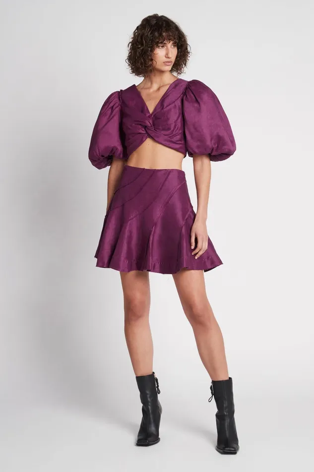 Aje Reverb Puff Sleeve Cropped Top Violet Women Tops