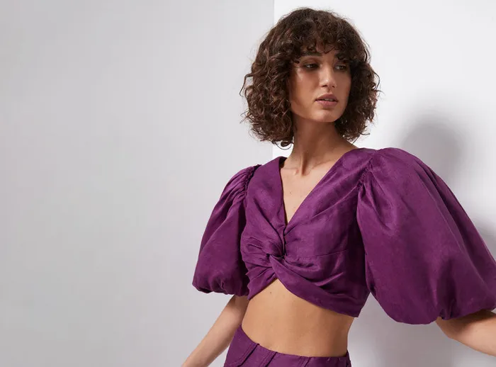 Aje Reverb Puff Sleeve Cropped Top Violet Women Tops