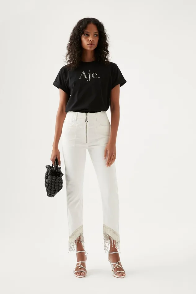 Aje Sheen Fringe Denim Jeans White Women Pants