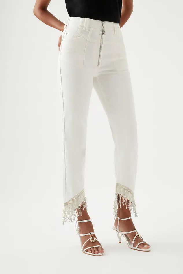 Aje Sheen Fringe Denim Jeans White Women Pants