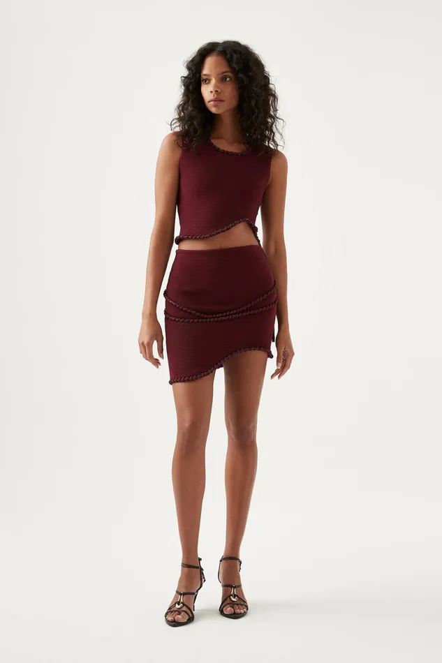 Aje Undulating Knit Mini Skirt Burgundy Women Skirts