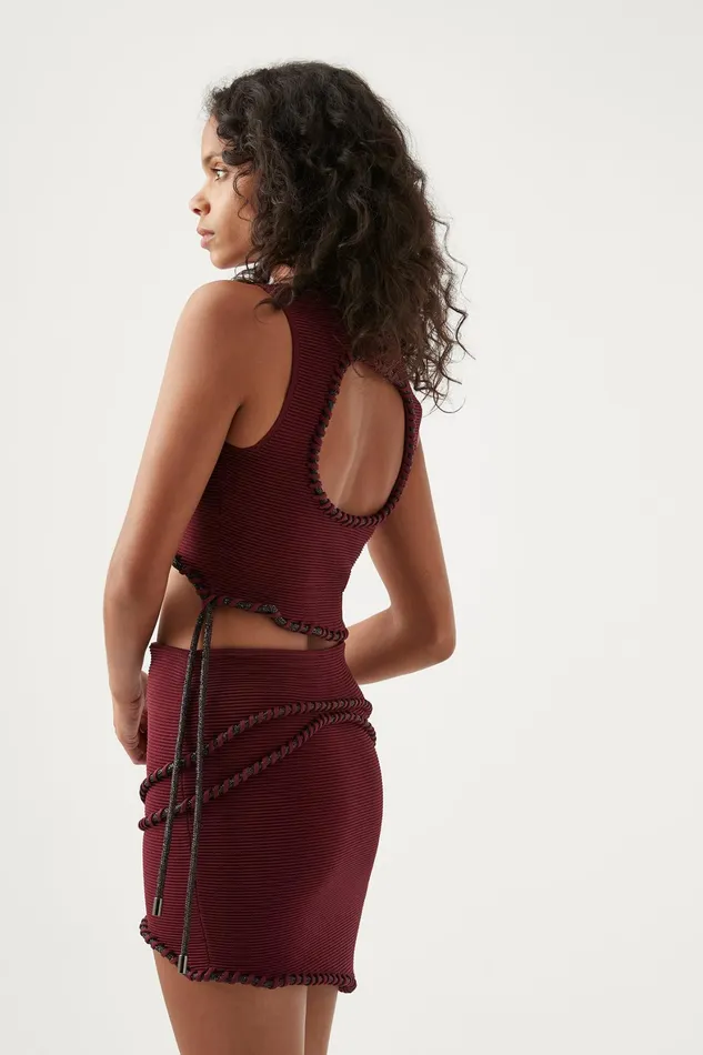 Aje Undulating Knit Mini Skirt Burgundy Women Skirts